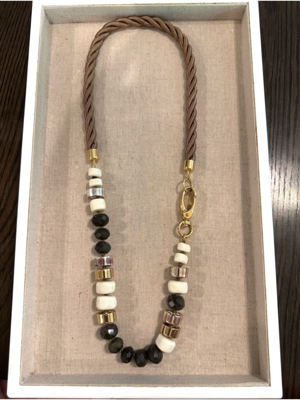 Stella & Dot Graceful Nomad Necklace Labradorite and Ivory Beaded with Gold tone